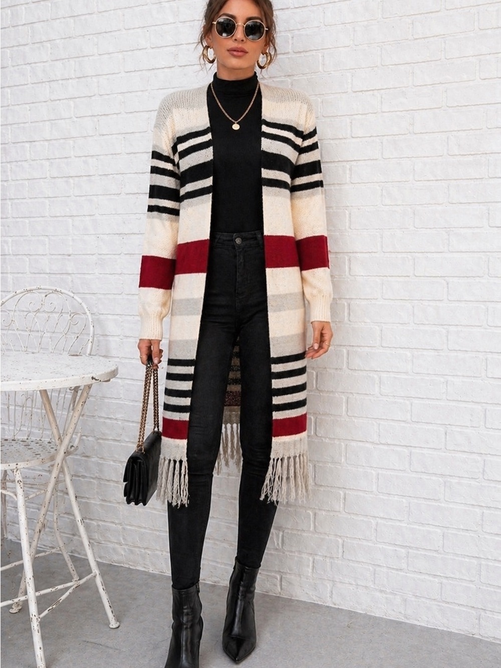 NEW SHEIN Long Striped Colorful Fringe Cardigan Size S Open Front Knit